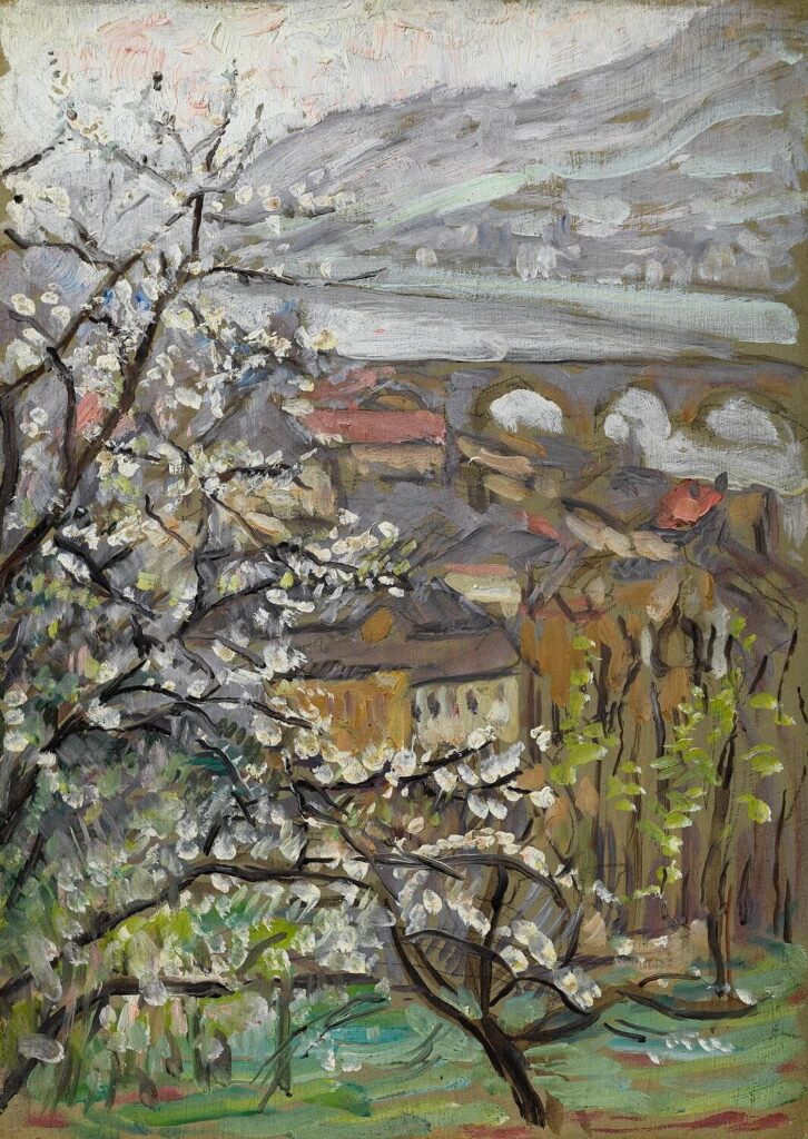 Arthur Studd - View across orchard over a bridge and estuary