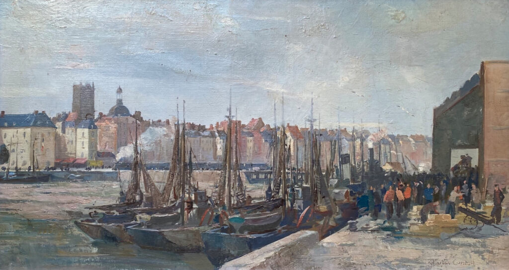 Charles Cundall - Dieppe with Figures on the Quayside and Boats Moored