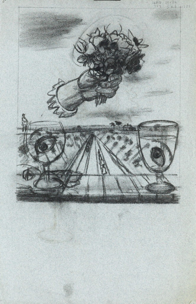 Charles Mahoney - Composition with eyes in wine glasses and a floating hand with a bouquet