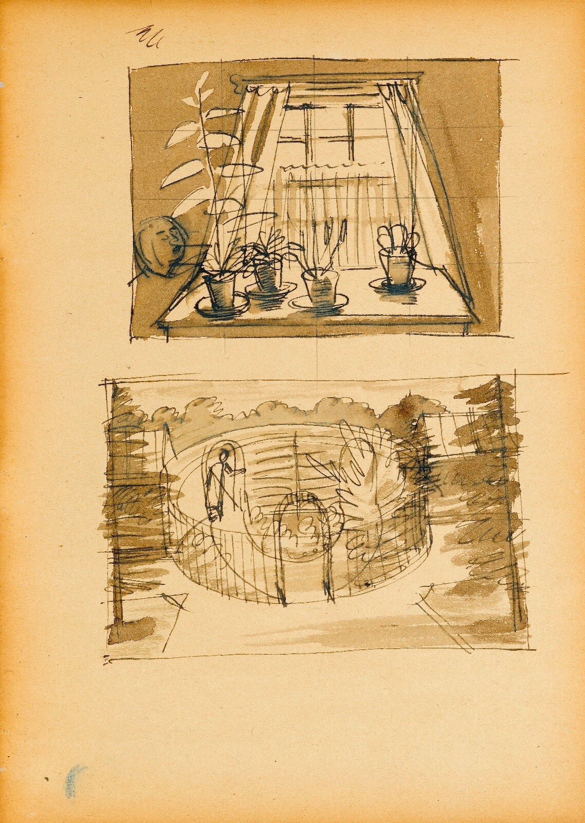 Charles Mahoney - Sheet of studies with still life on a table and window beyond; enclosed garden