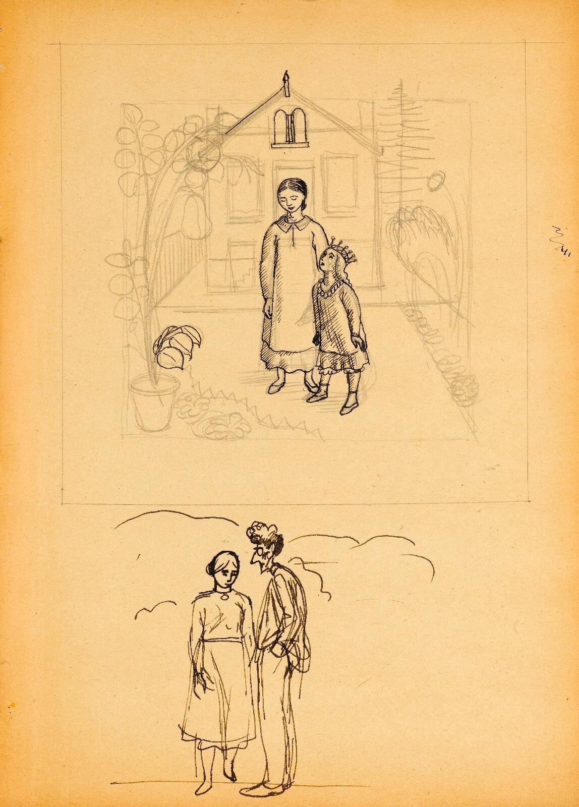 Charles Mahoney - Sheet with study of a princess and caricature of Mahoney and Dunbar
