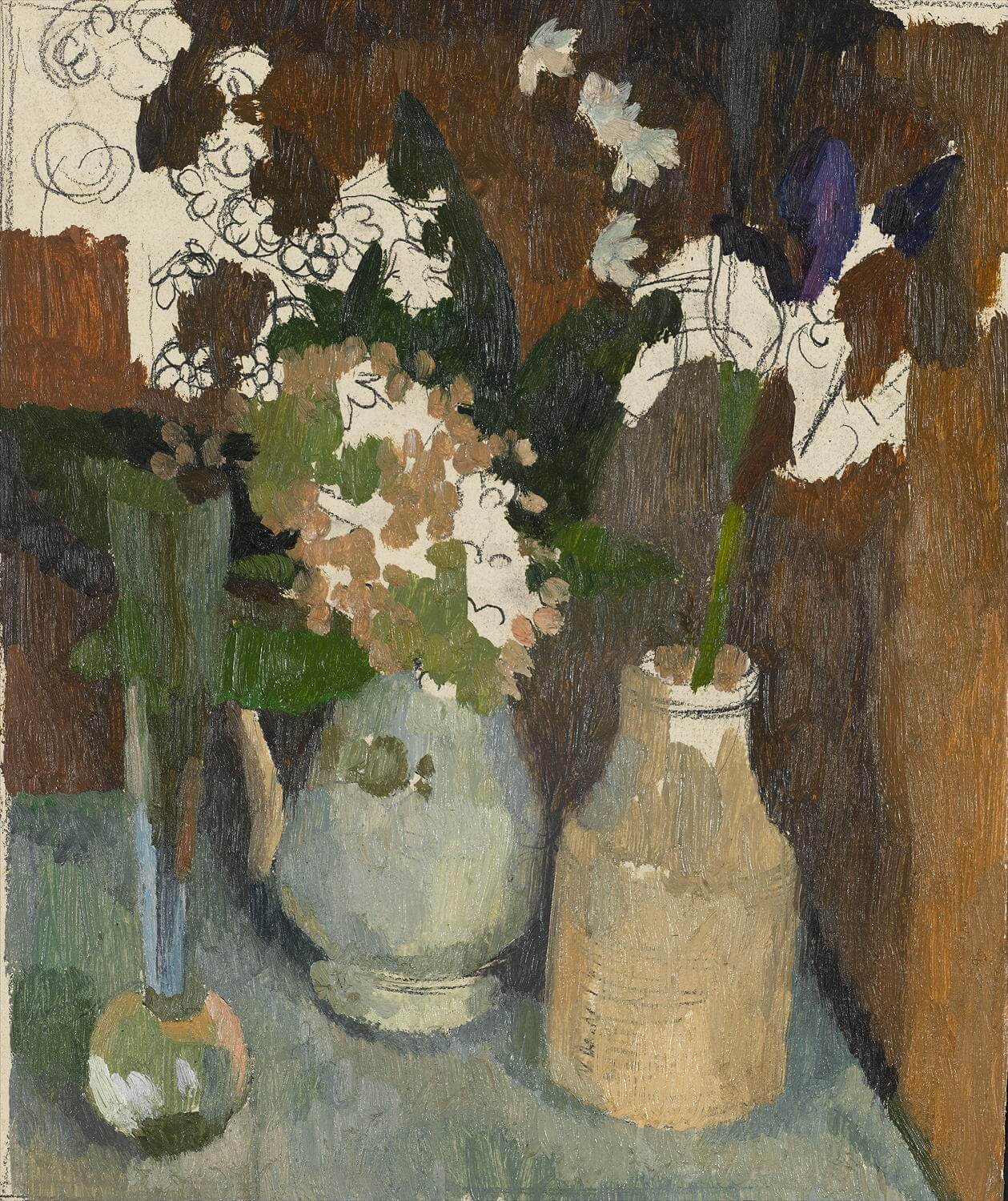 Charles Mahoney - Still life in an orange box with Sweet Williams and Iris
