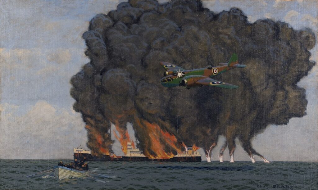 Charles Pears - Bristol Blenheim setting fire to German oil tanker