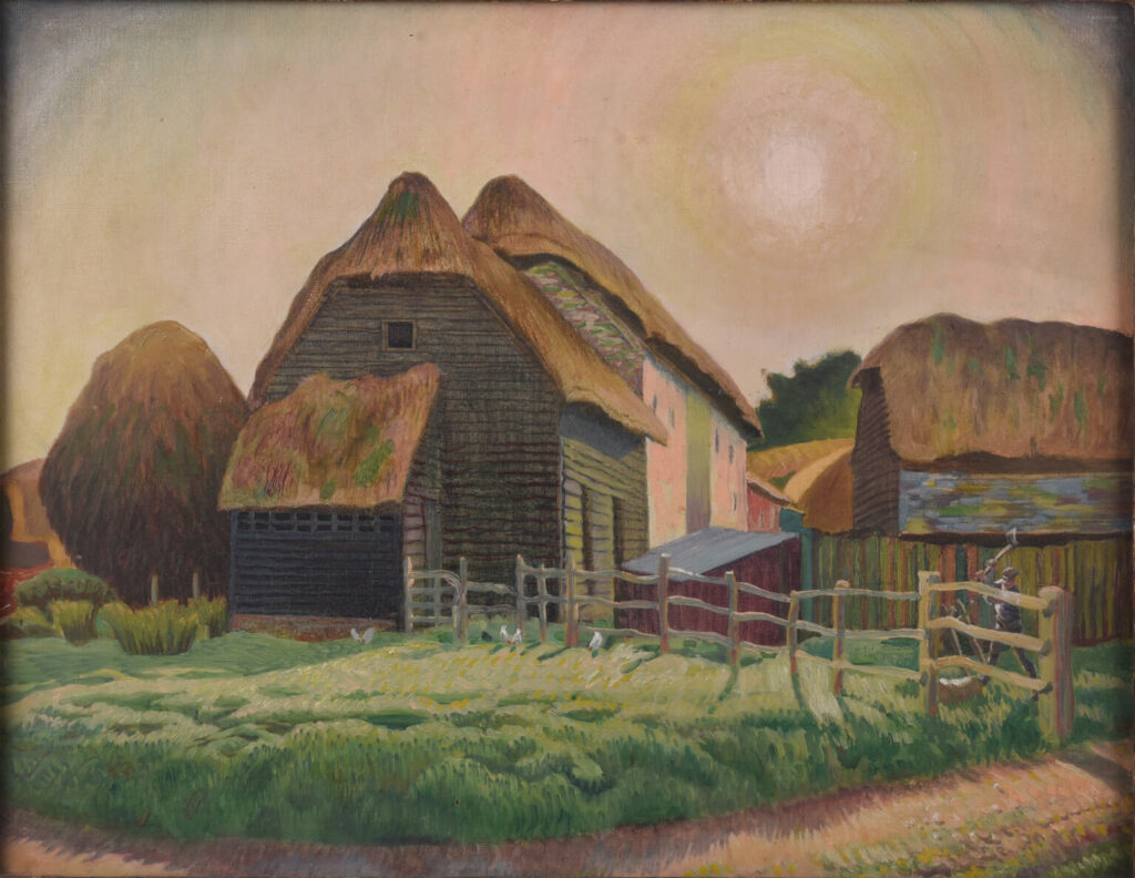 Douglas Percy Bliss - Farm with Man Chopping Wood