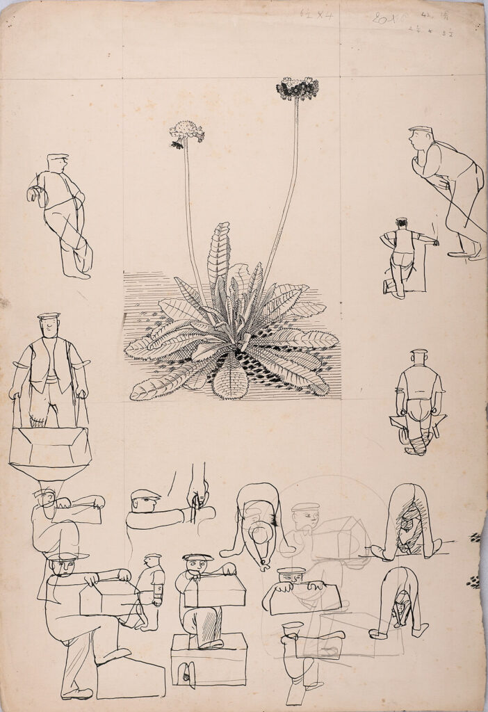 Evelyn Dunbar - Study for Gardener's Choice: Himalayan Primrose with vignettes of a gardener to the margins