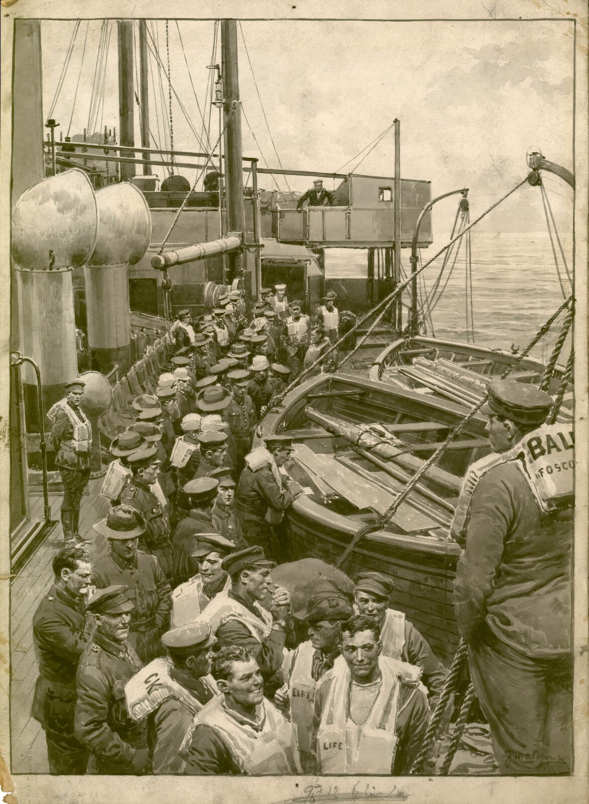 Fortunino Matania - The sinking of the transport ship "Ballarat" by an enemy submarine