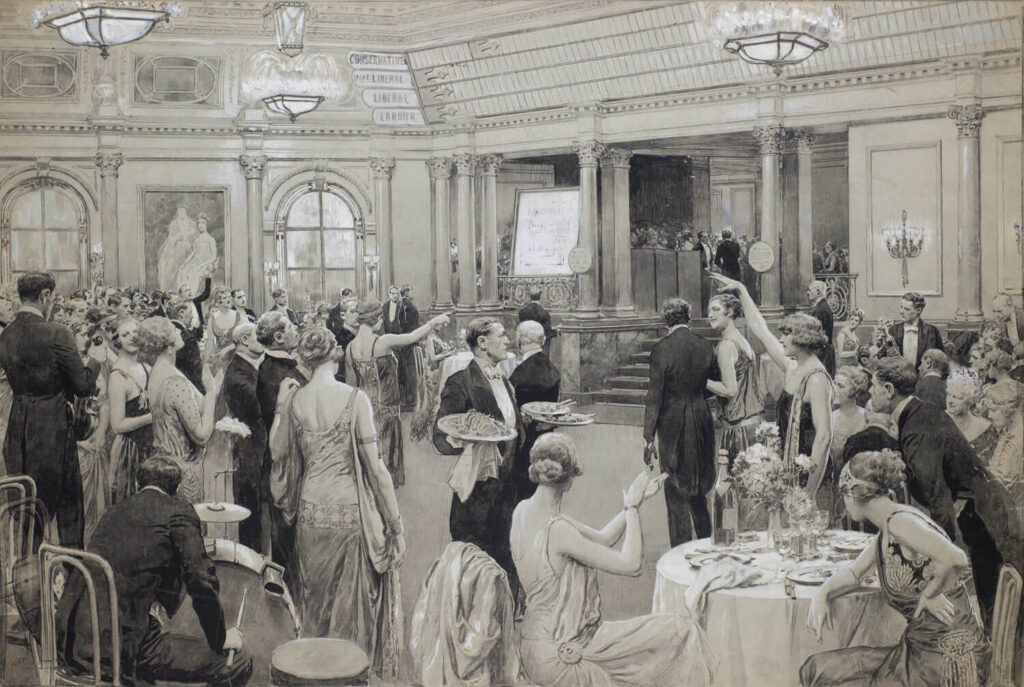 Fortunino Matania - Upper class diners at The Savoy on election night