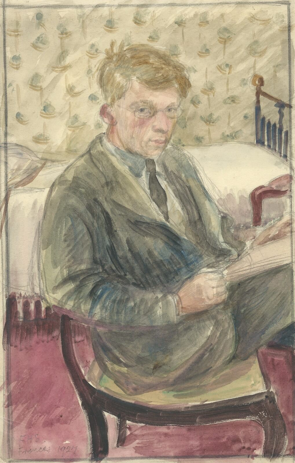 Francis Spear - Self Portrait sketching with a single bed and patterned wall paper in the background