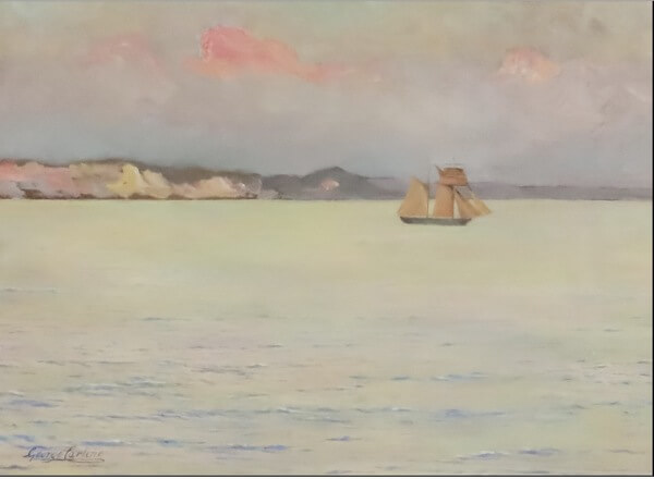George Carline - Seascape with sailing boat off the coast at sunset