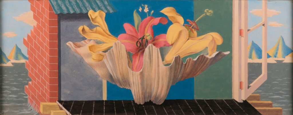 Gerald Leet - Yellow and Pink Lilies on a window ledge overlooking the sea
