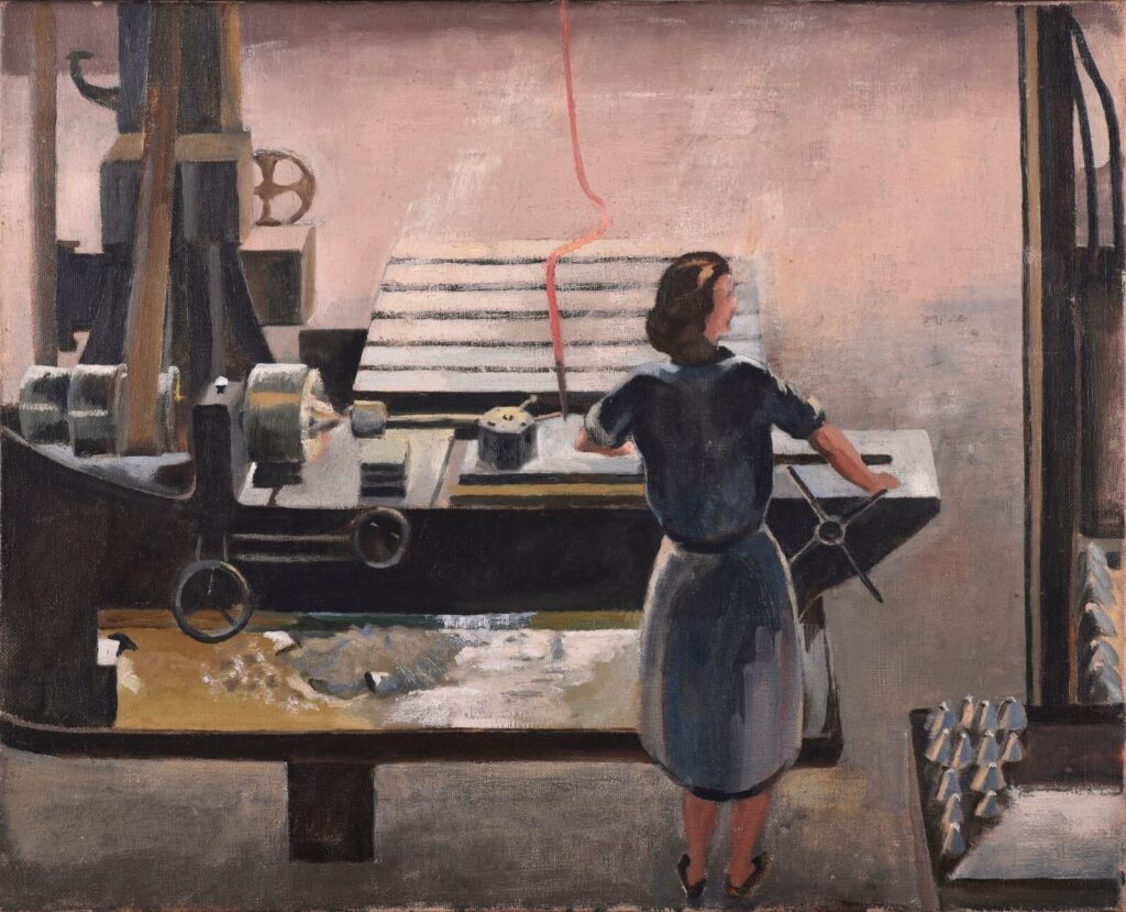 Isobel Atterbury Heath - Woman operating a lathe turning the fuse tips of munitions