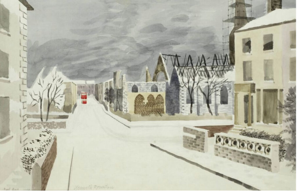 Kenneth Rowntree - Bombed Buildings and Red Bus in the Snow