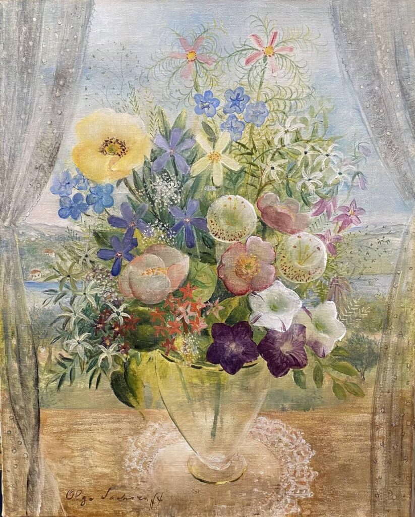 Olga Nicolaevna Sacharoff - Vase de fleurs devant un paysage