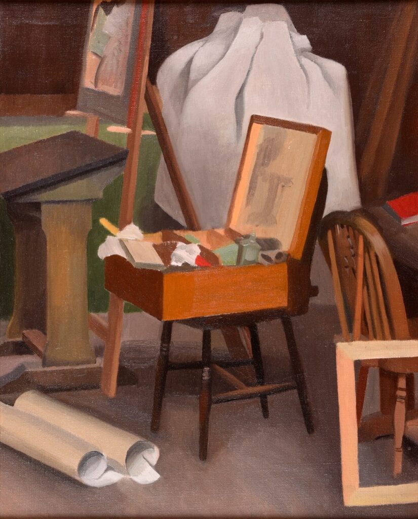 Phoebe Willetts-Dickinson - A Corner of the Artist's Studio with paintbox on a Windsor chair