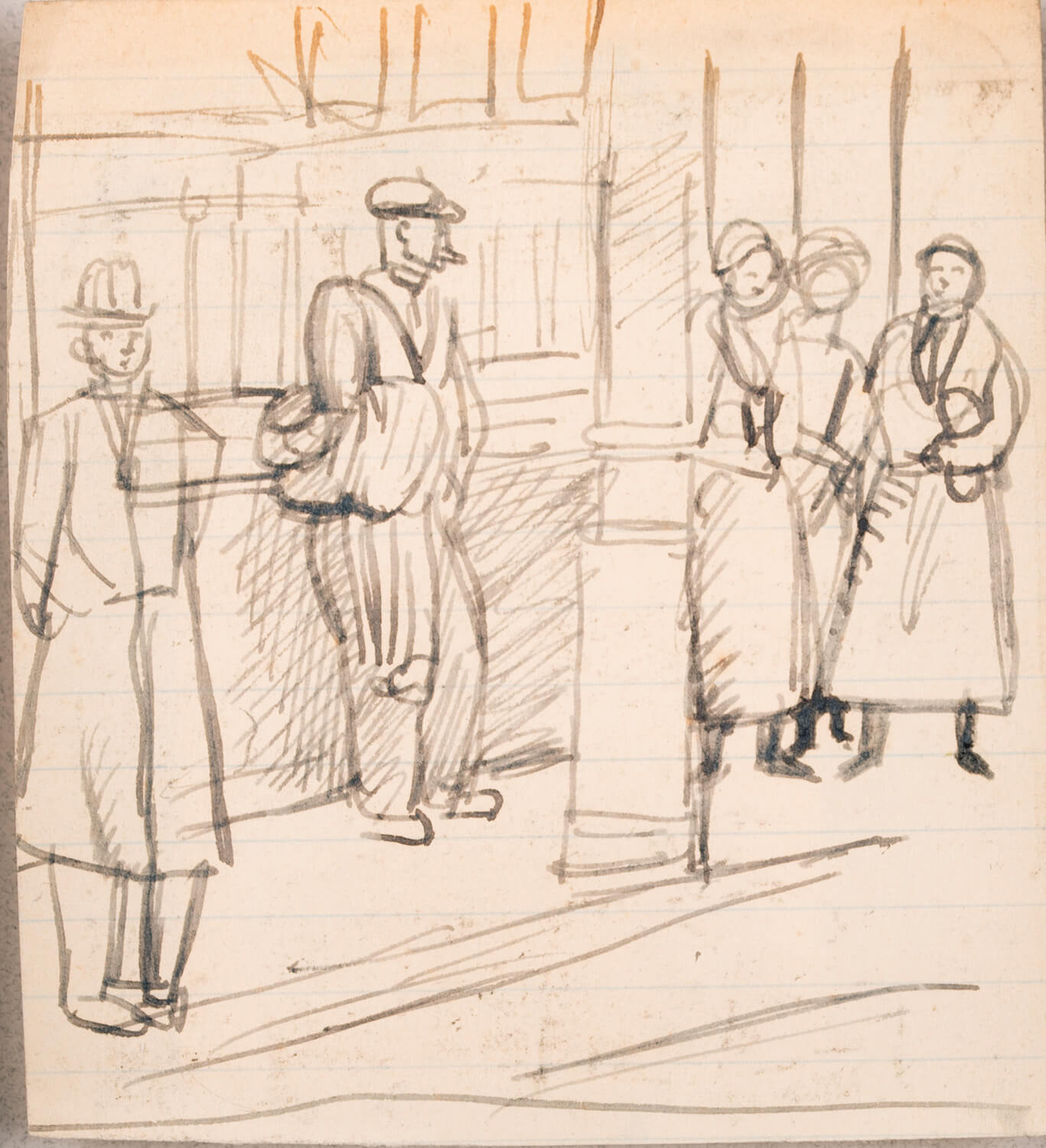 Stanley Lewis - London street scene: figures waiting