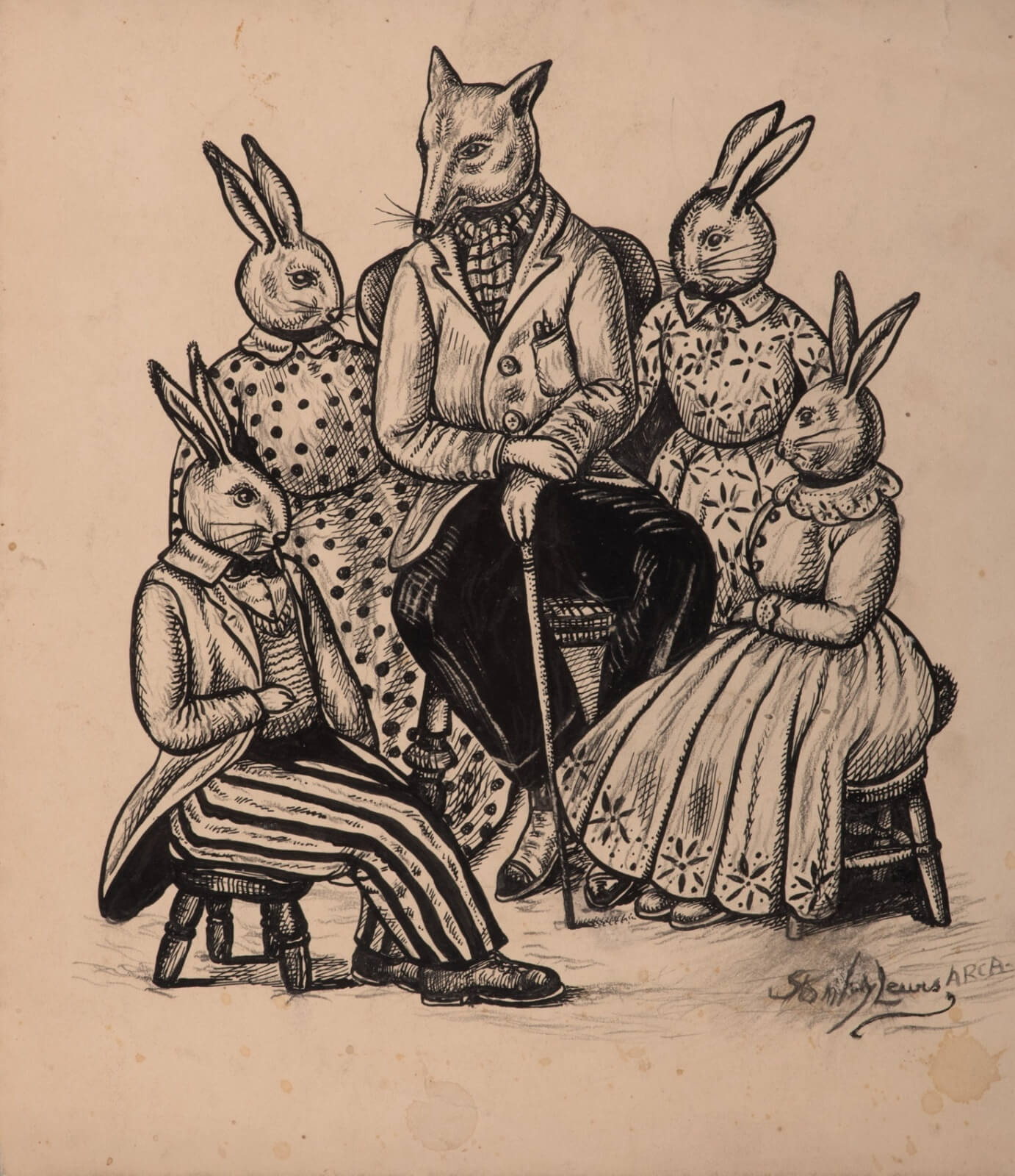 Stanley Lewis - Seated fox surrounded with rabbits