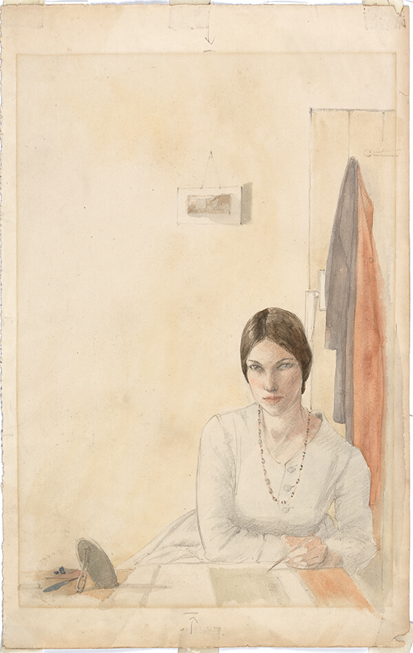 Winifred Knights - Self-portrait sketching at a table