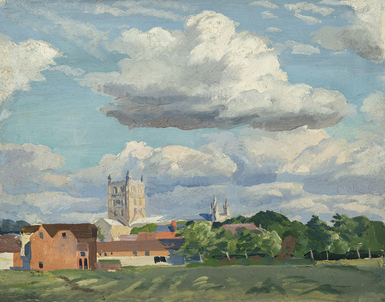 Landscape with church and cumulus clouds by Stephen Bone