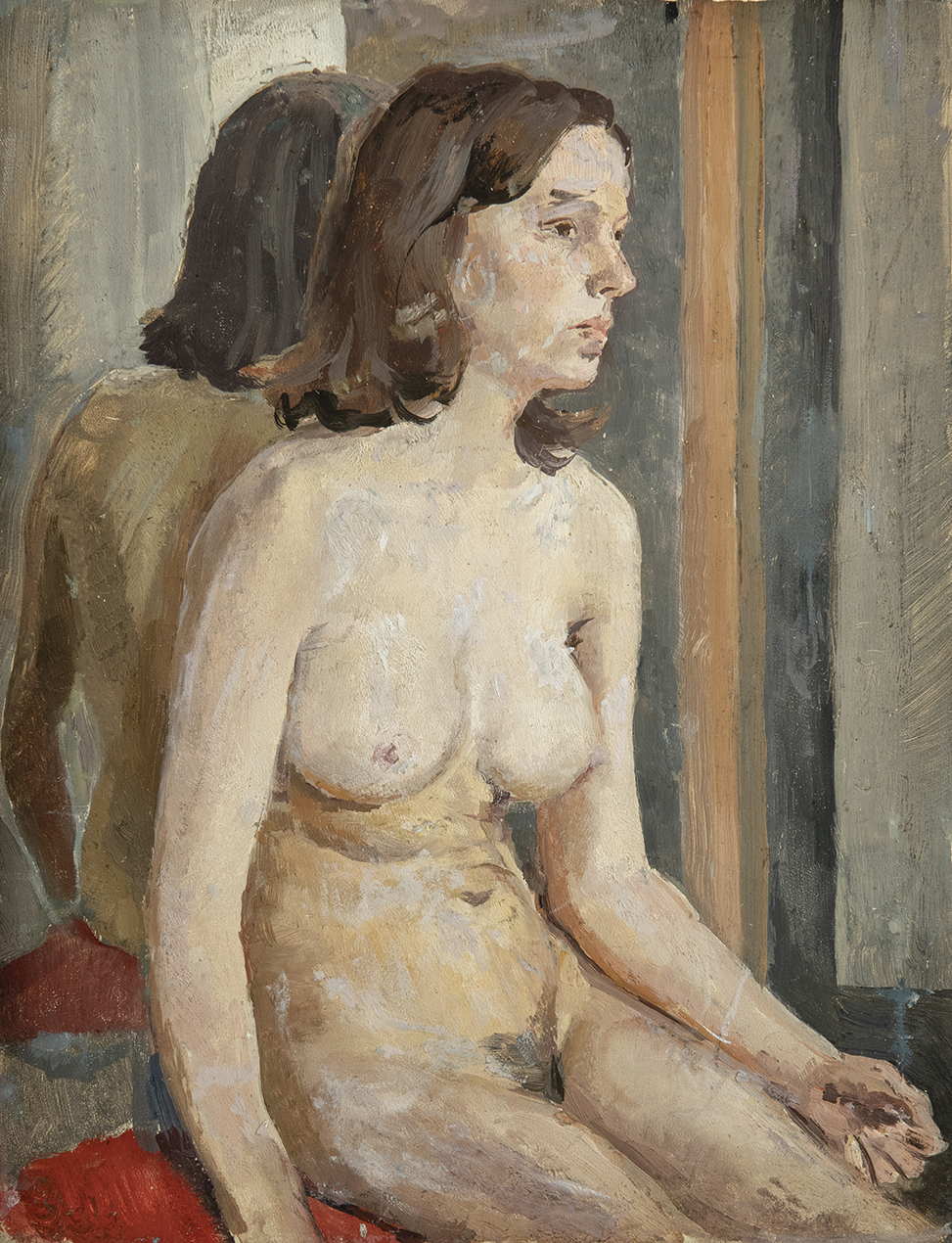 Nude seated with on a red cushion