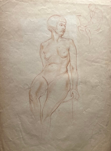 Chalk Nude Study with Sketching Figure in Foreground