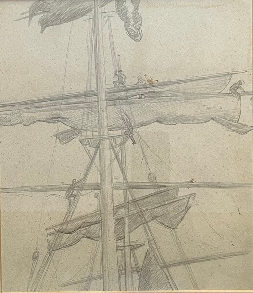 Sailors working on the mast of the Grace Harwar