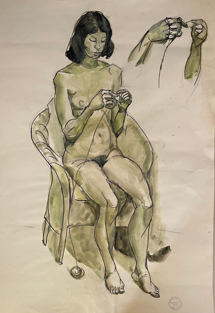 Seated female nude, knitting